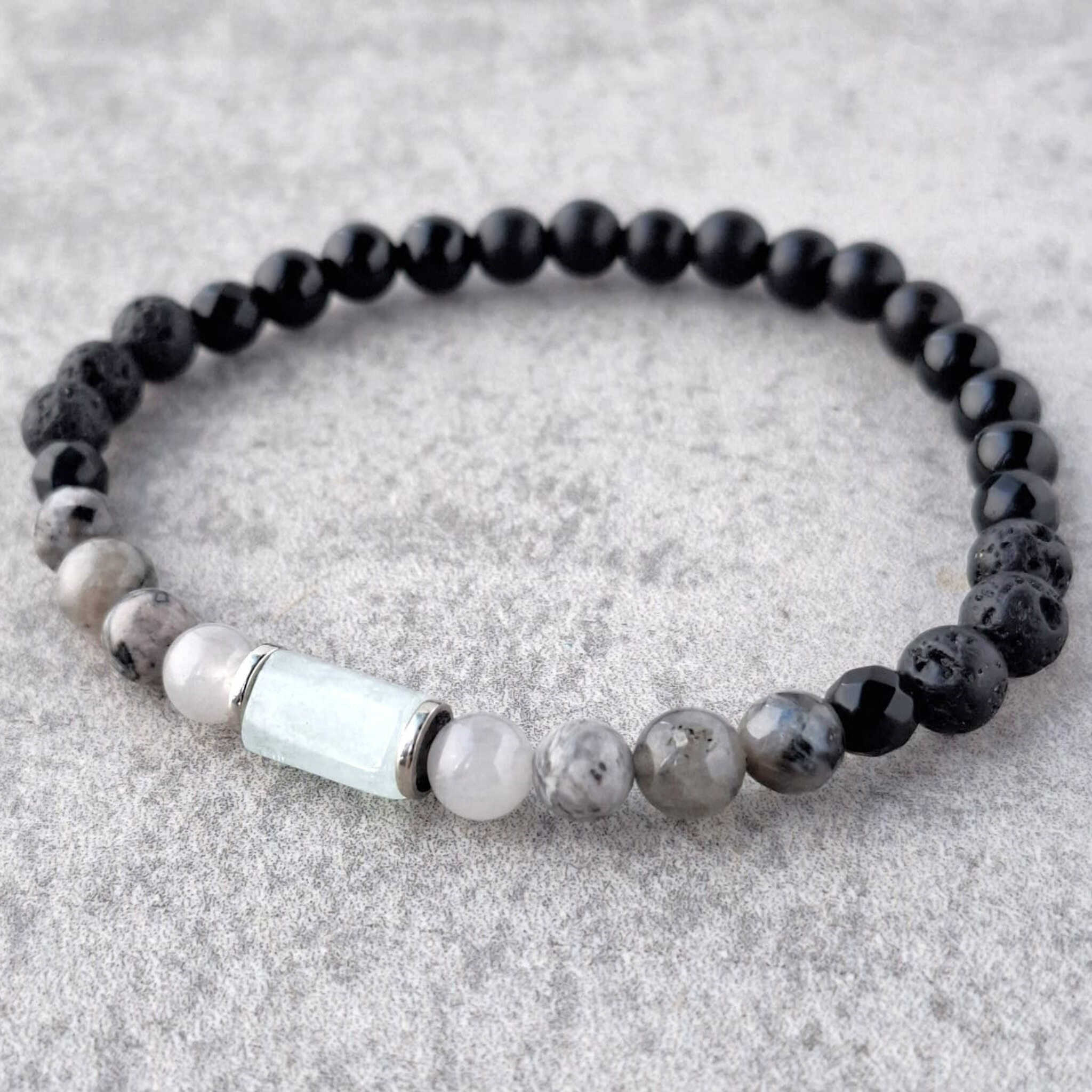 צמיד אקוומרין כחול ולברדורייט גולמי לשלווה והגנה רוחנית