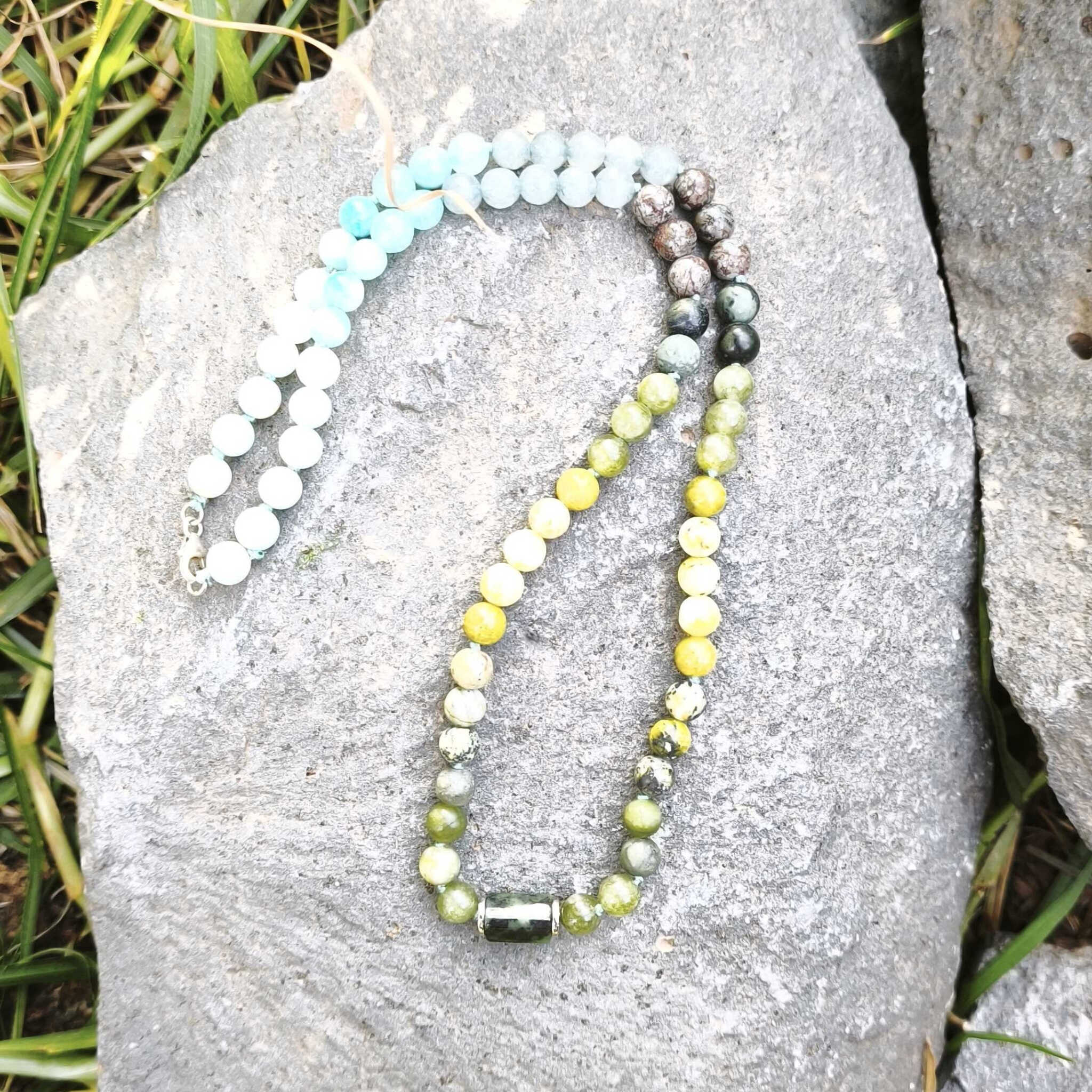 שרשרת קצרה מחרוזי ג'ייד קנדי טבעי בגווני ירוק תכלת לחיזוק שלווה איזון והרמוניה פנימית תכשיט אנרגטי בעבודת יד