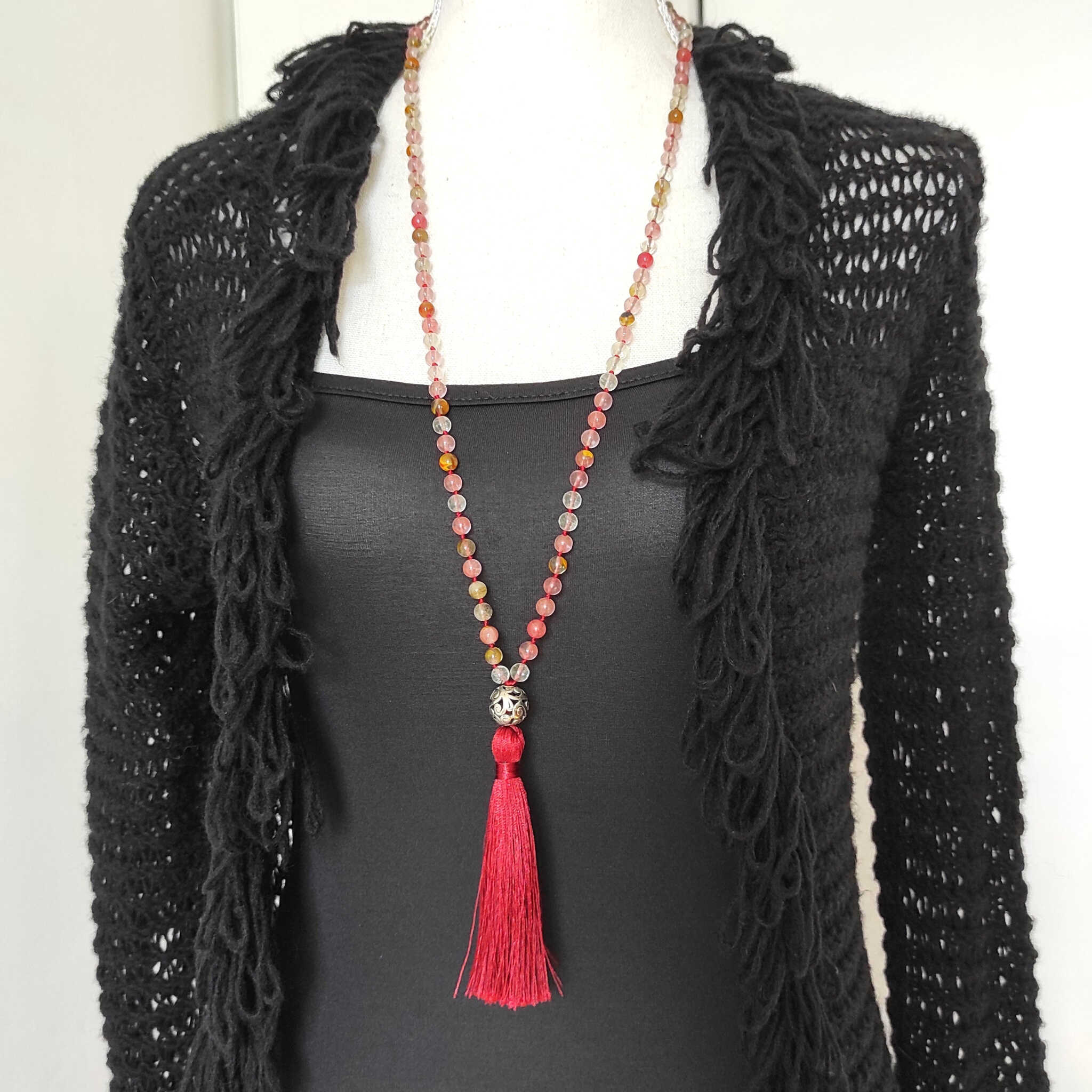 שרשרת מאלה קוורץ דובדבן 108 חרוזים למדיטציה יומיומית ושקט פנימי