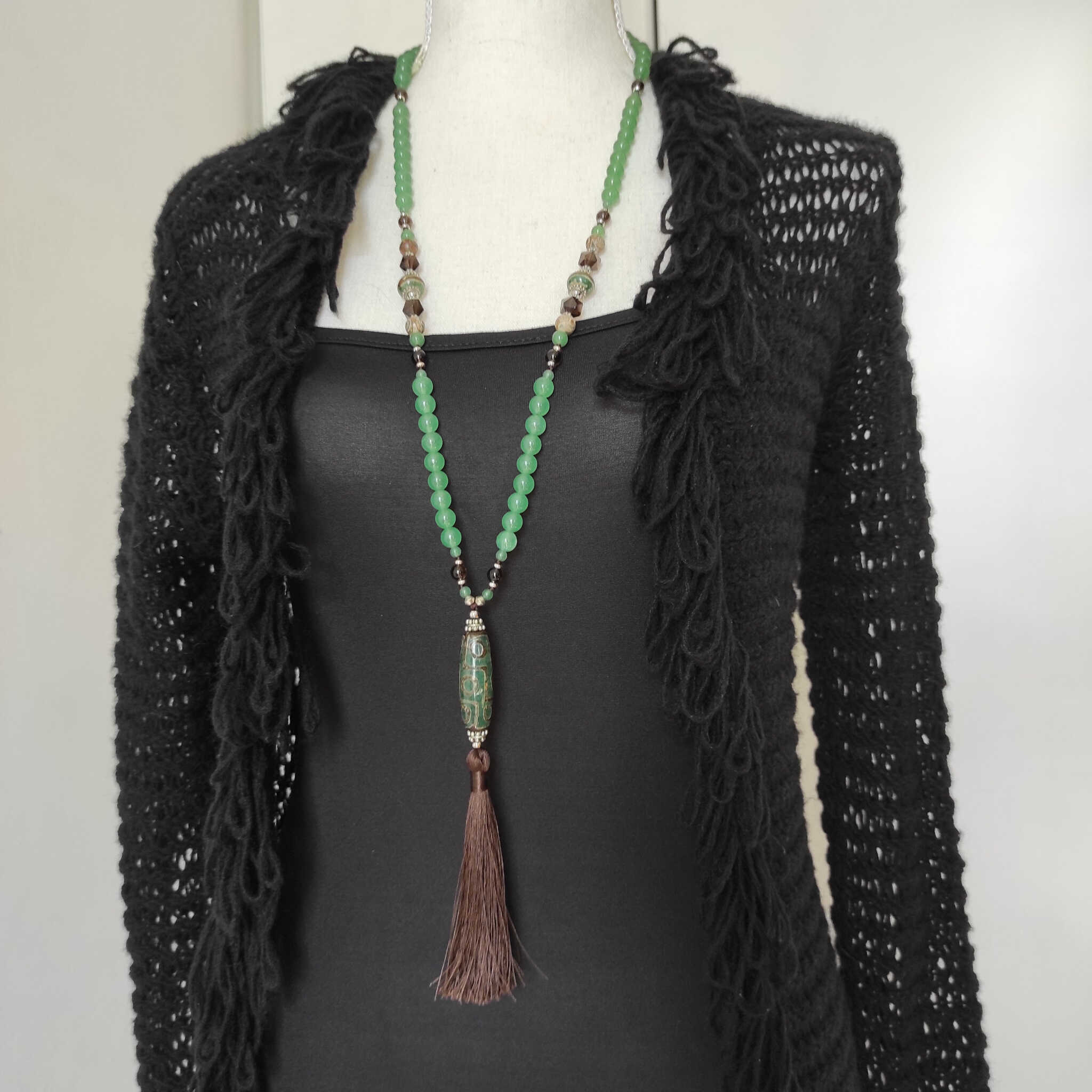 שרשרת אבני חן אוונטורין ירוק וסמוקי קוורץ להרגעה ואיזון מנטלי