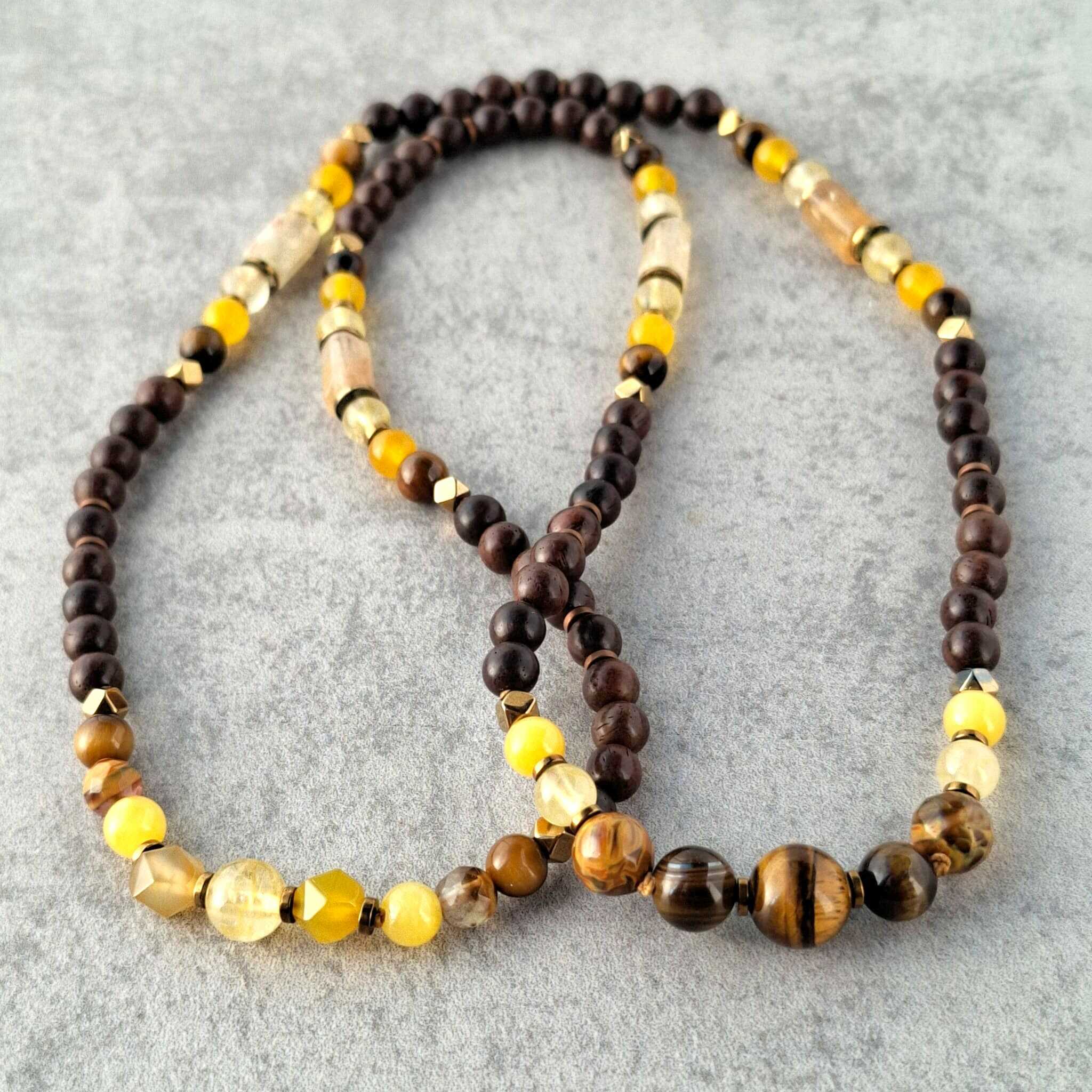 שרשרת ארוכה עין הנמר סיטרין כלציית ועץ טיק לאופטימיות ביטחון עצמי ויציבות כלכלית