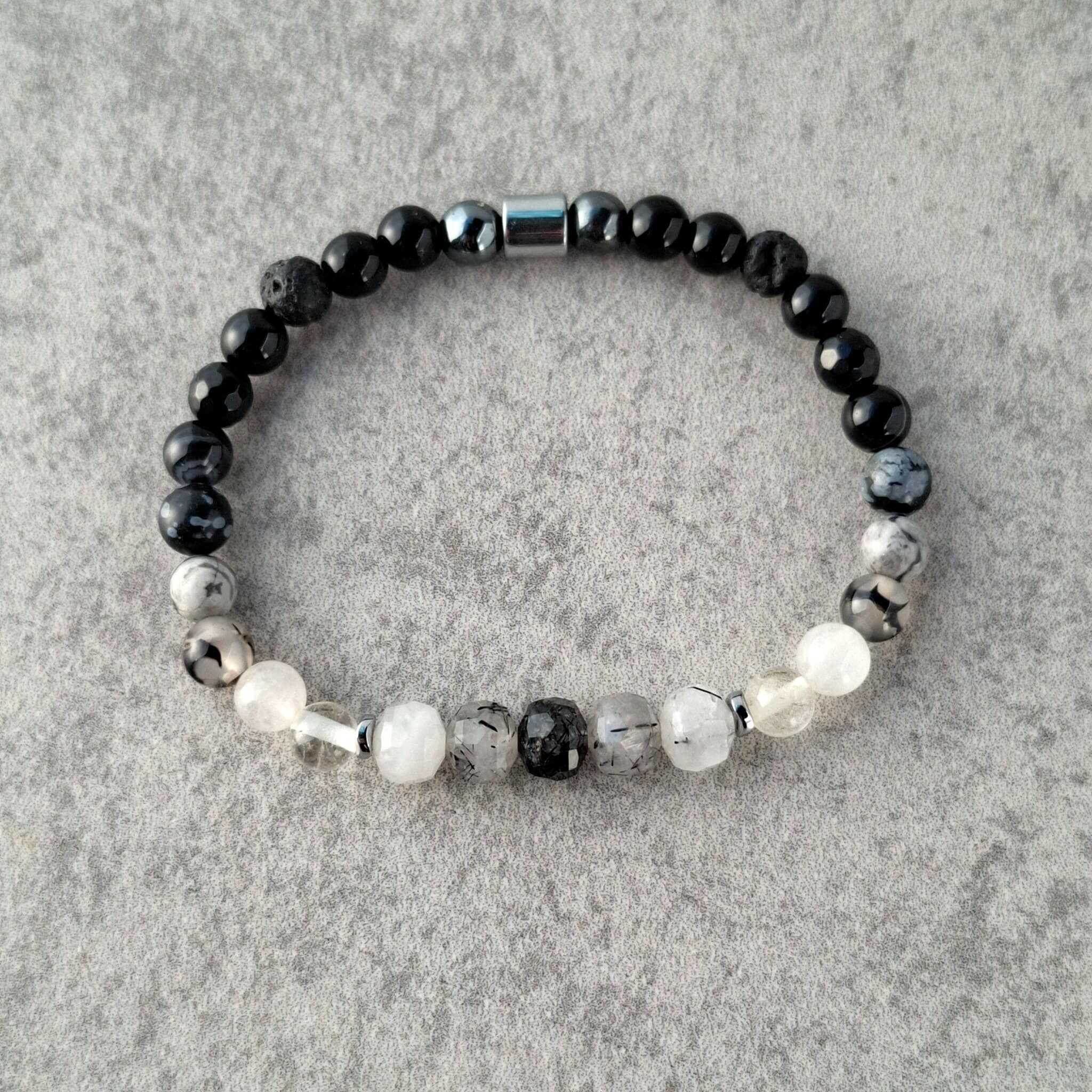 צמיד אבני חן לגבר, צמיד אבני חן גולמי   טורמלין קוורץ אגת שחורה ואבן לבה