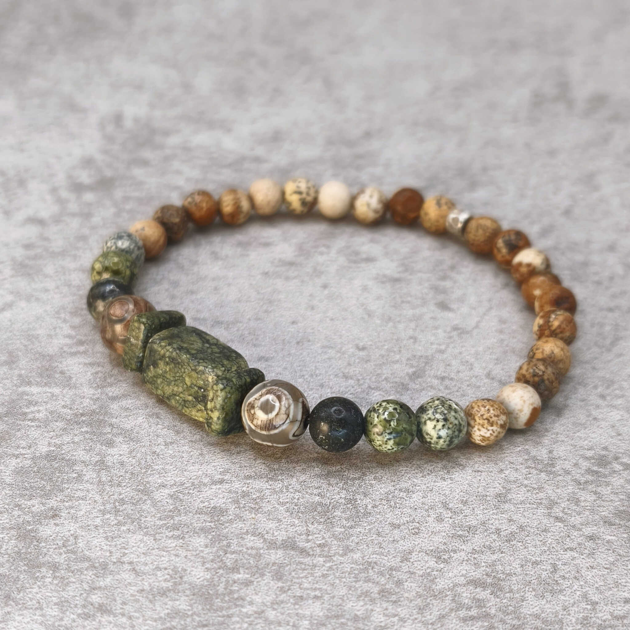 צמיד אבנים אנרגטיים ג'ספר נוף ואגת טיבטי מסורתי בעל שלושת העיניים להגנה רוחנית ואינטואיציה חזקה