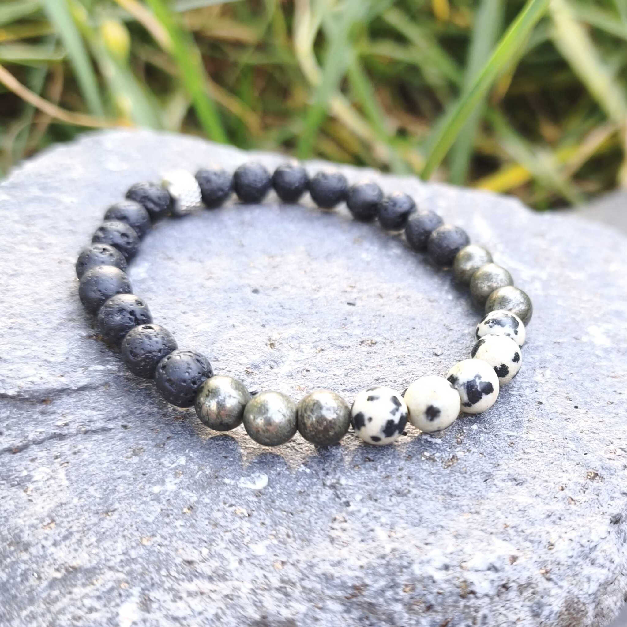 צמיד אבן פיריט ג'ספר דלמטי ולבה לחוזק ובהירות מחשבה