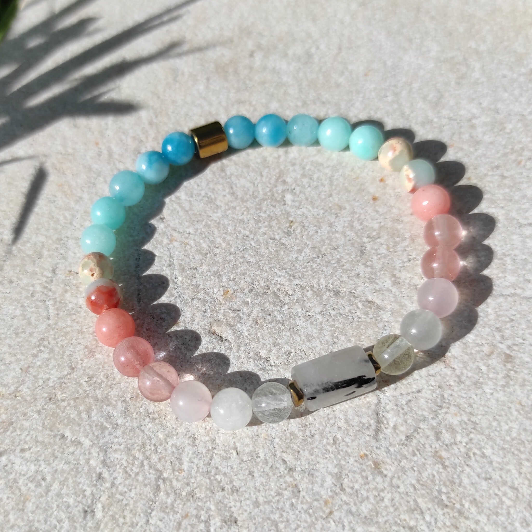 צמיד ריפוי רוז קוורץ לרימר ואבן שושן לשלווה רגשית, צמיד לרוגע