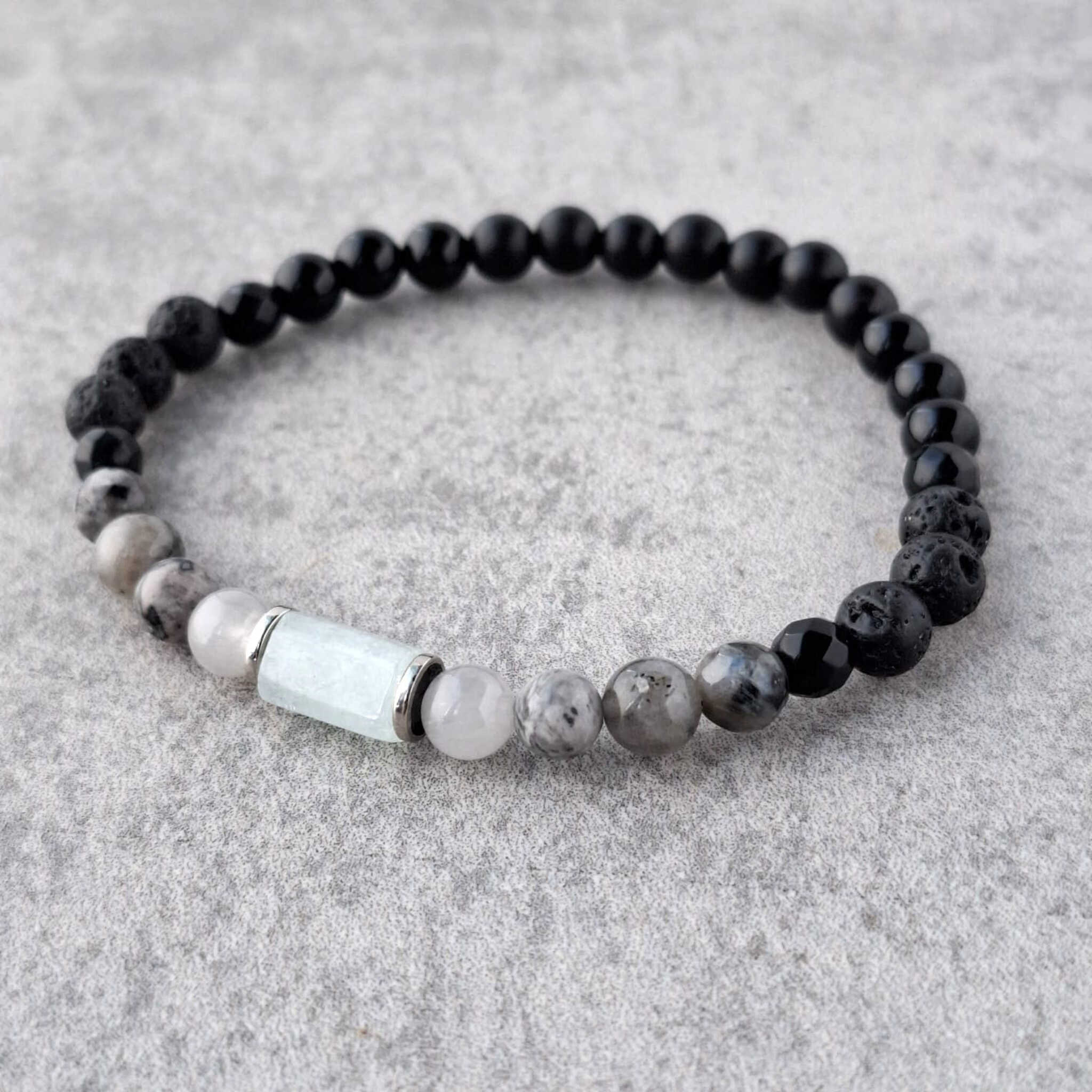 צמיד אקוומרין לברדורייט אגת שחורה גולמי לאיזון רגשי והגנה, צמיד לאיזון רגשי