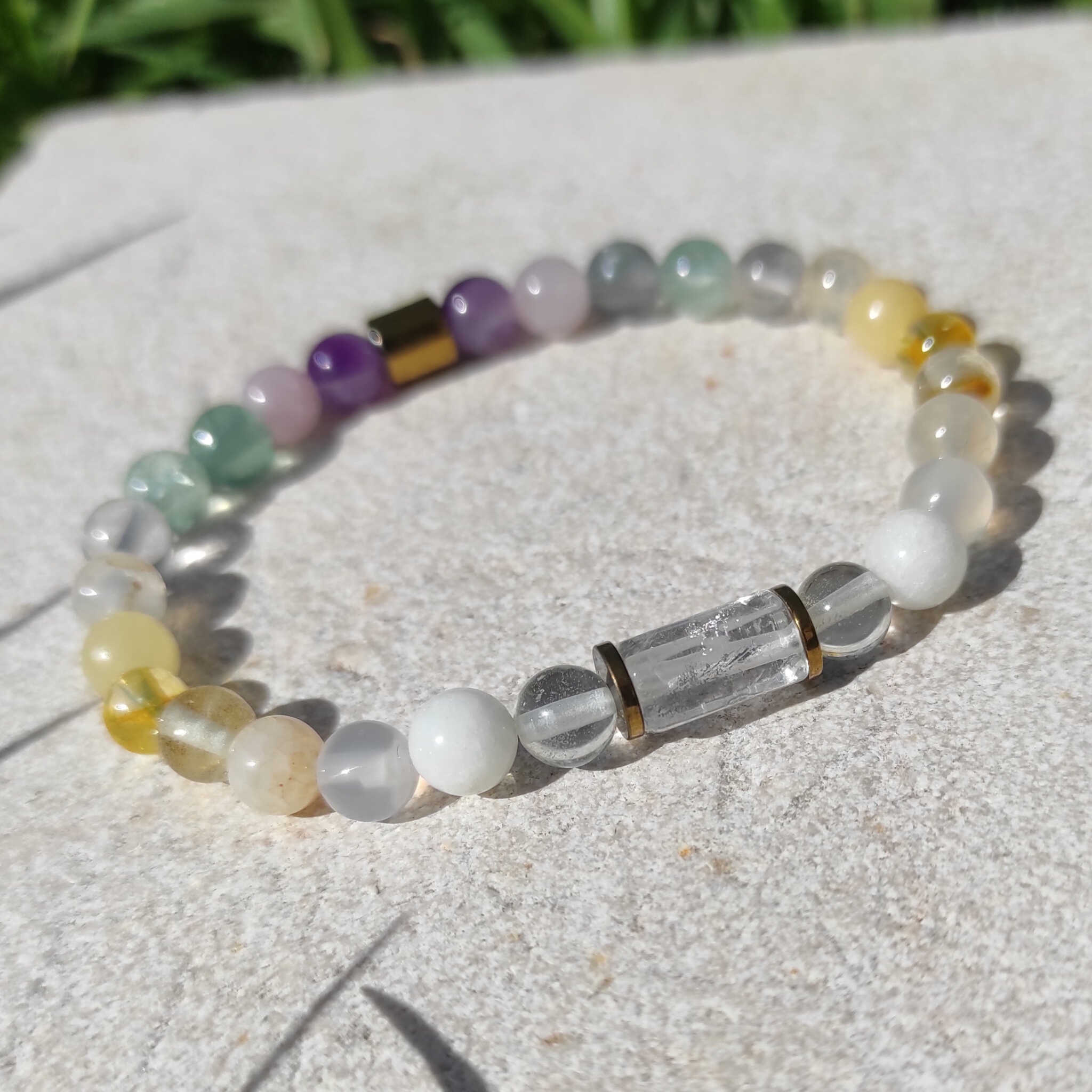 צמיד קוורץ שקופה ופלואורייט לאיזון רגשי וחשיבה ברורה
, צמיד קוורץ לבנה