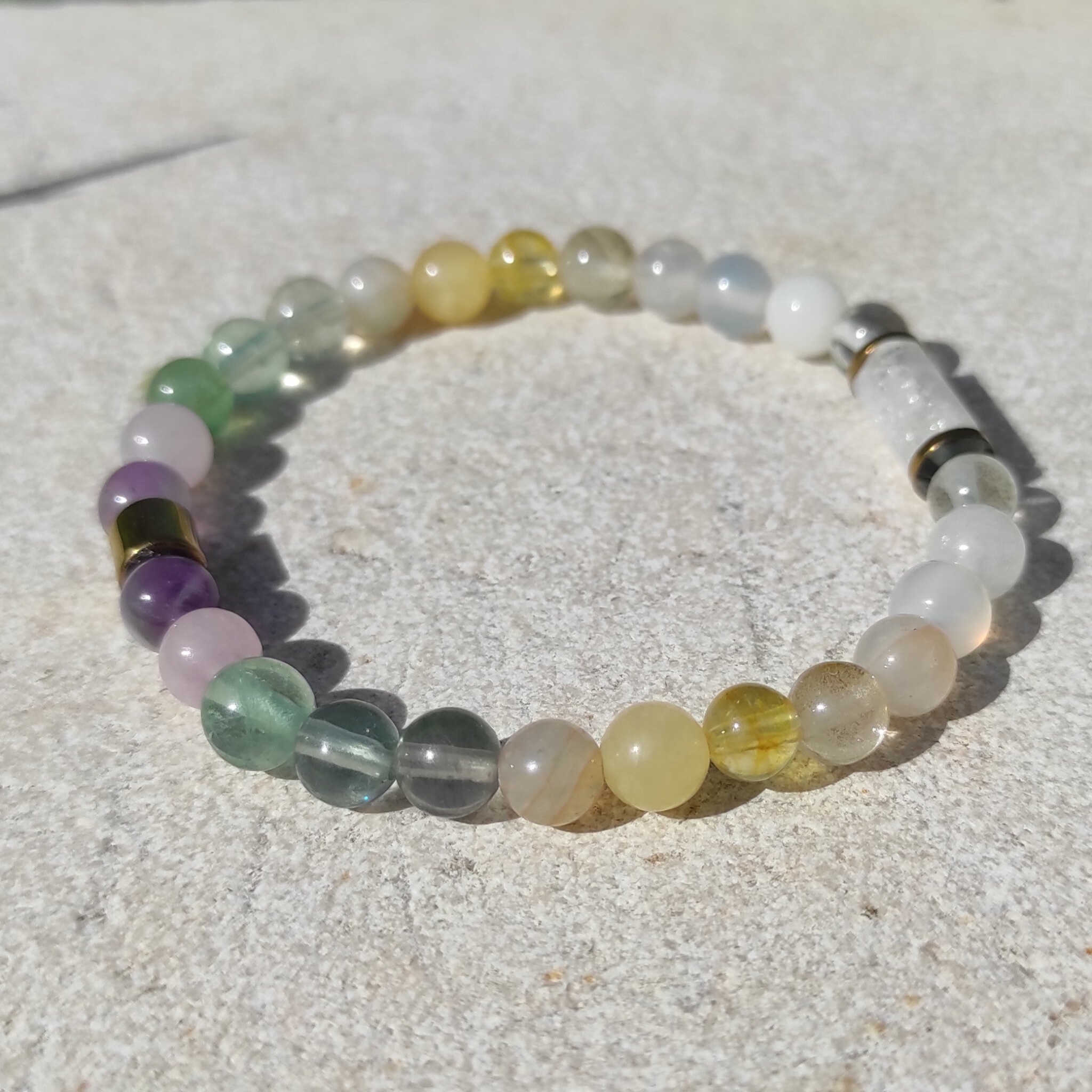 צמיד אבני חן פסטל, צמיד בעבודת יד בגווני פסטל קוורץ ופלואורייט לשלווה ובהירות
