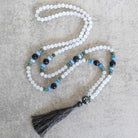 שרשרת מאלה 108 חרוזים עם קוורץ חלבי ואקוומרין לתקשורת ורווחה רגשית