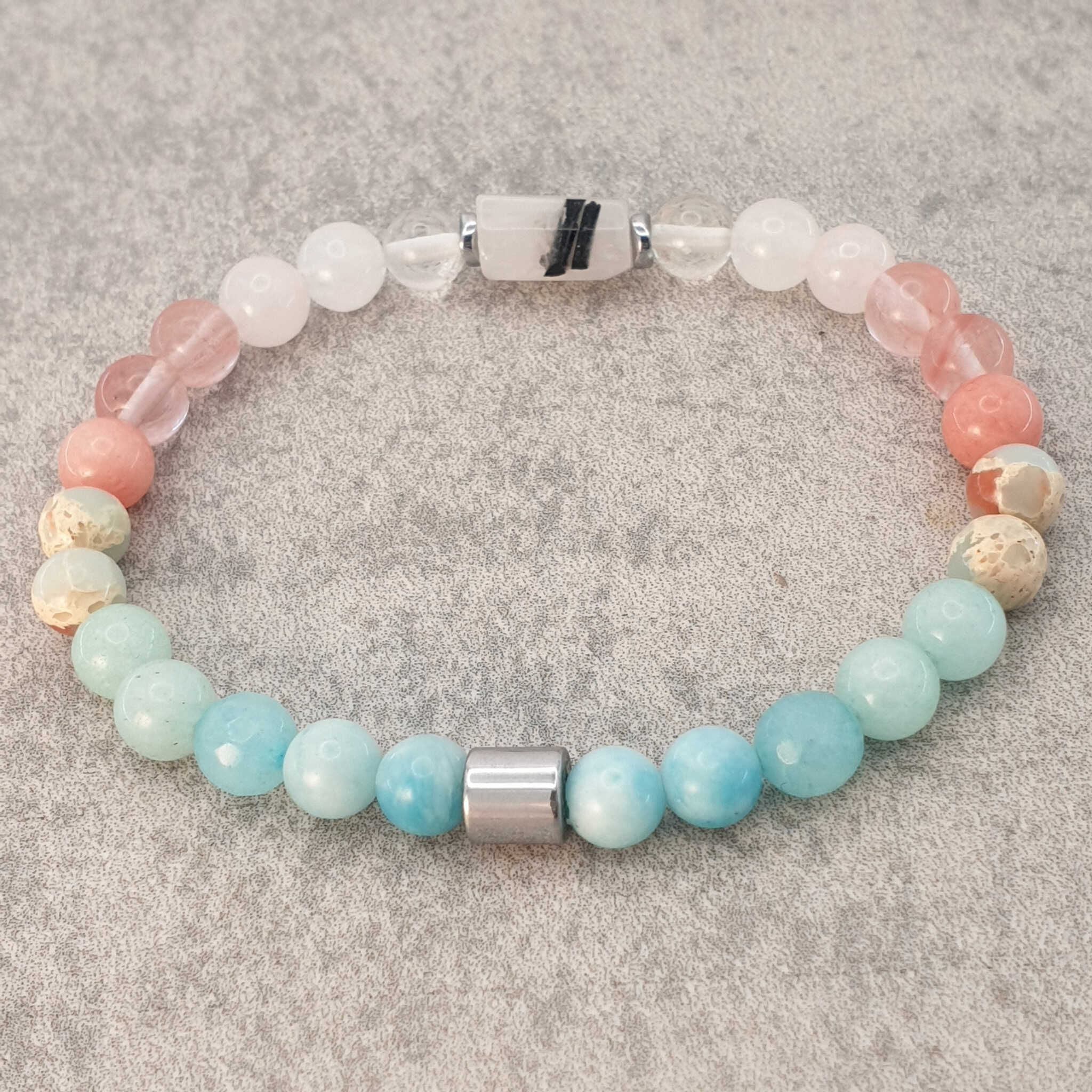 תכשיט אנרגטי צמיד קוורץ רוז קוורץ ולרימר לרוגע ואיזון, אבן חן לרוגע