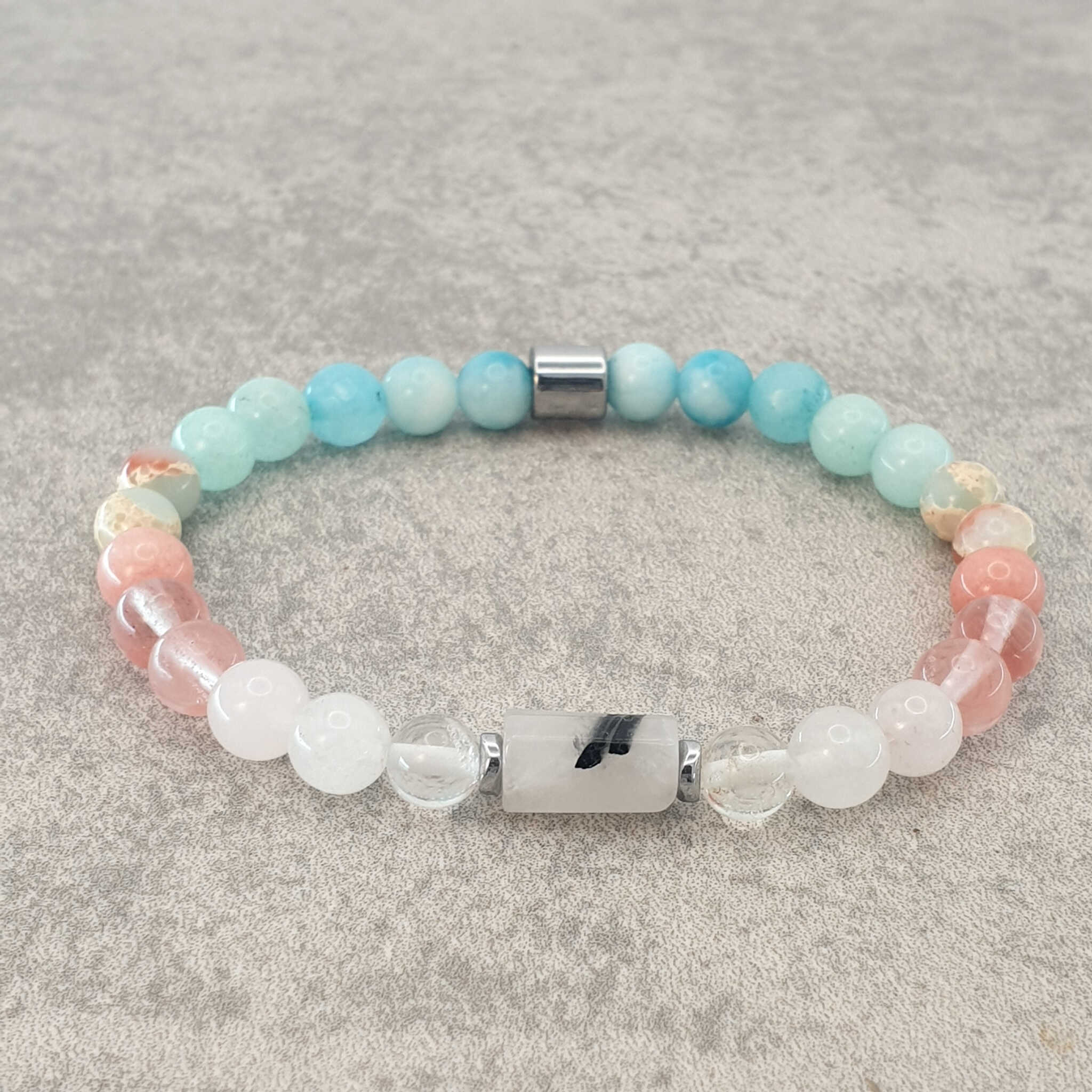 צמיד קריסטלים קוורץ טורמלין רוז קוורץ ולרימר לשלווה פנימית, אבן טובה לשלווה