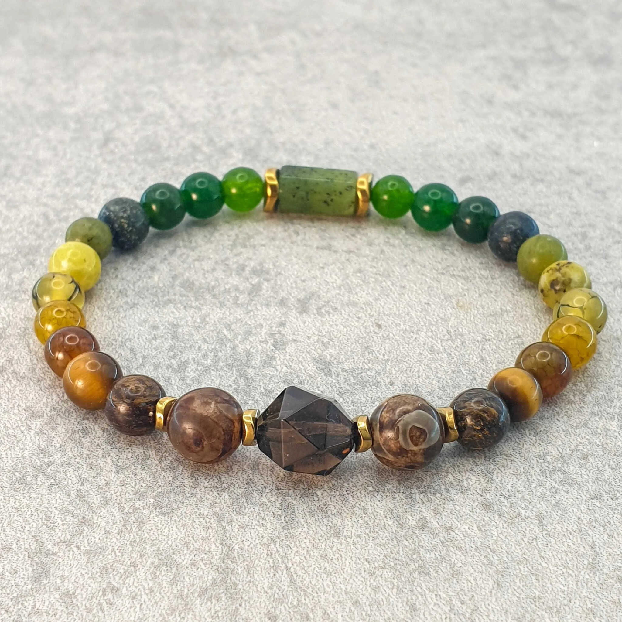 צמיד סמוקי קוורץ לחוסן אישי בצבעים חום ירוק צהוב