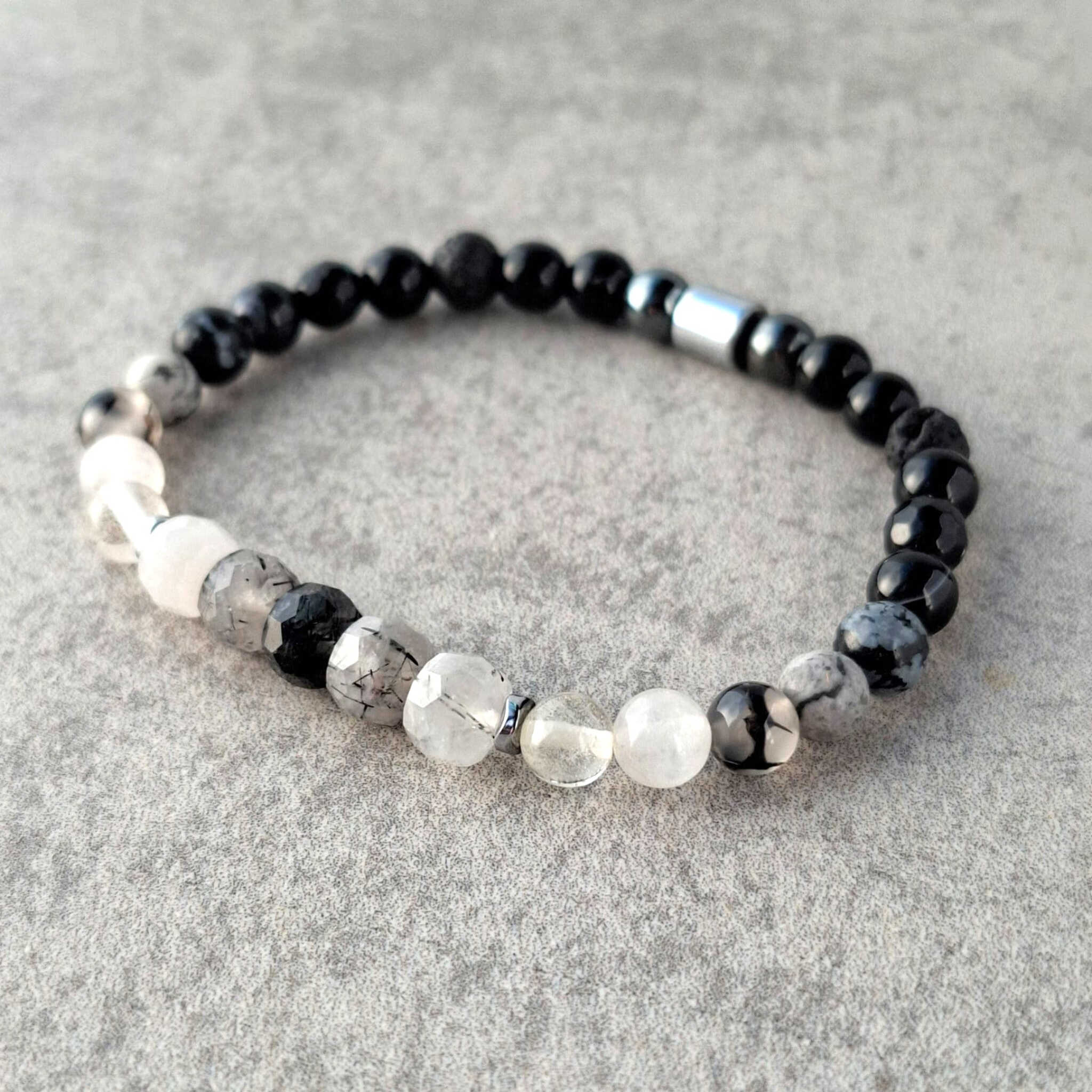 צמיד טורמלין קוורץ אגת שחורה ואבן לבה גולמי לבהירות מחשבה
